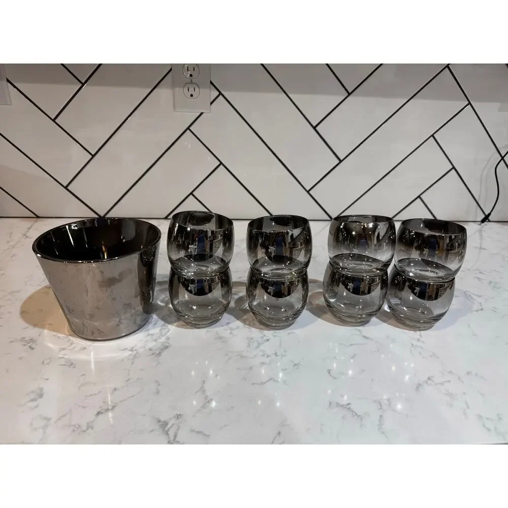 Mid-Century Modern Silver Ombre roly-poly cocktail set 8 cups w/ ice bucket 60s